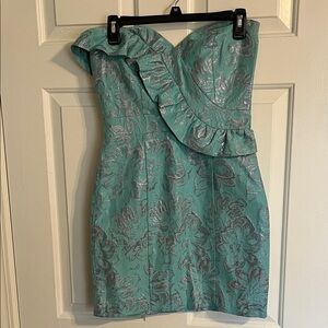 Rubber Ducky Productions Teal and Silver One Shoulder Dress